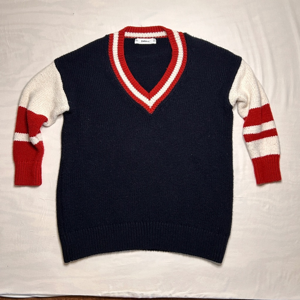 Zara Knit V-Neck Sweater Womens‎ M Blue Red White Oversized Preppy Academia